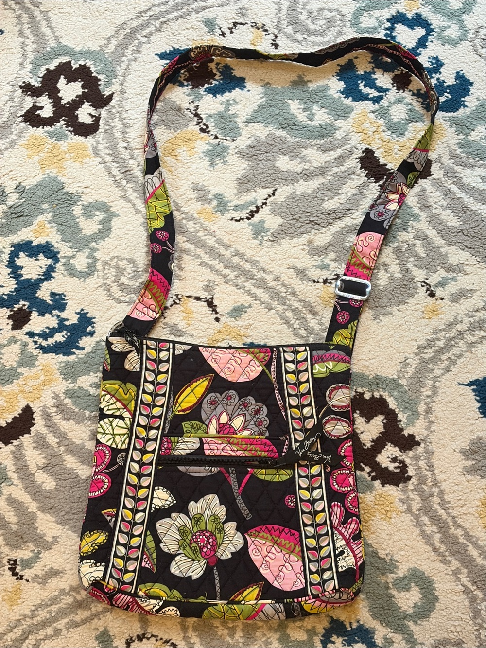 Vera Bradley Black Floral Quilted Crossbody with Pink and Green Accents
